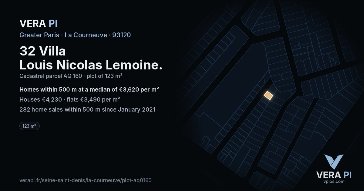 32 Villa Louis Nicolas Lemoine, La Courneuve at night – the plot lit, the parcels around coloured by the prices near them
