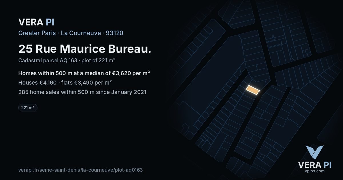 25 Rue Maurice Bureau, La Courneuve at night – the plot lit, the parcels around coloured by the prices near them