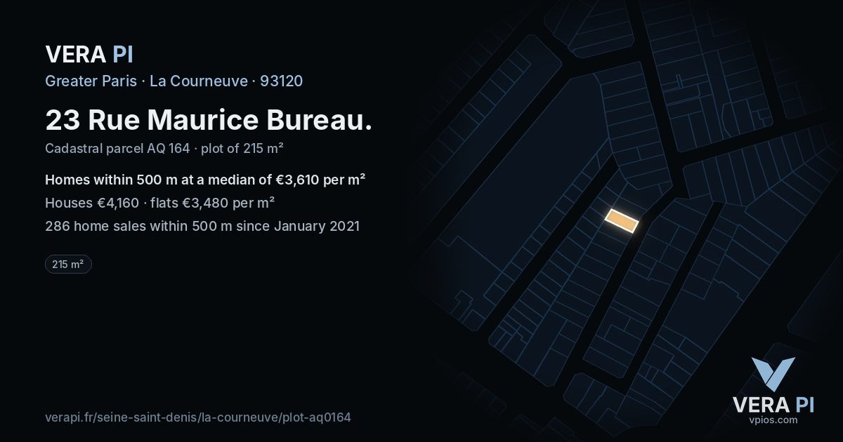 23 Rue Maurice Bureau, La Courneuve at night – the plot lit, the parcels around coloured by the prices near them