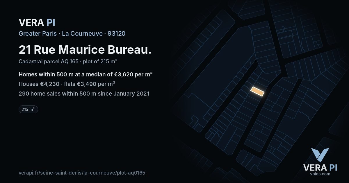 21 Rue Maurice Bureau, La Courneuve at night – the plot lit, the parcels around coloured by the prices near them