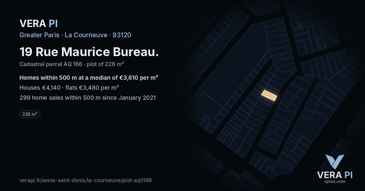 19 Rue Maurice Bureau, La Courneuve at night – the plot lit, the parcels around coloured by the prices near them