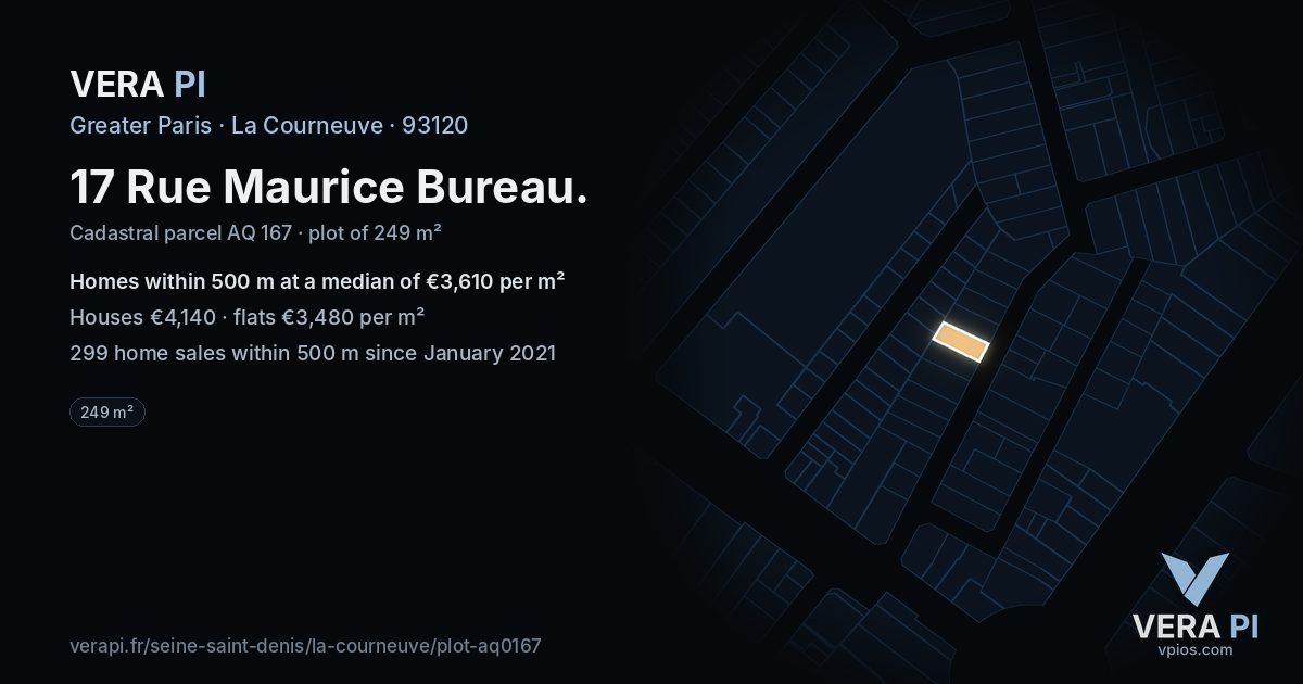 17 Rue Maurice Bureau, La Courneuve at night – the plot lit, the parcels around coloured by the prices near them