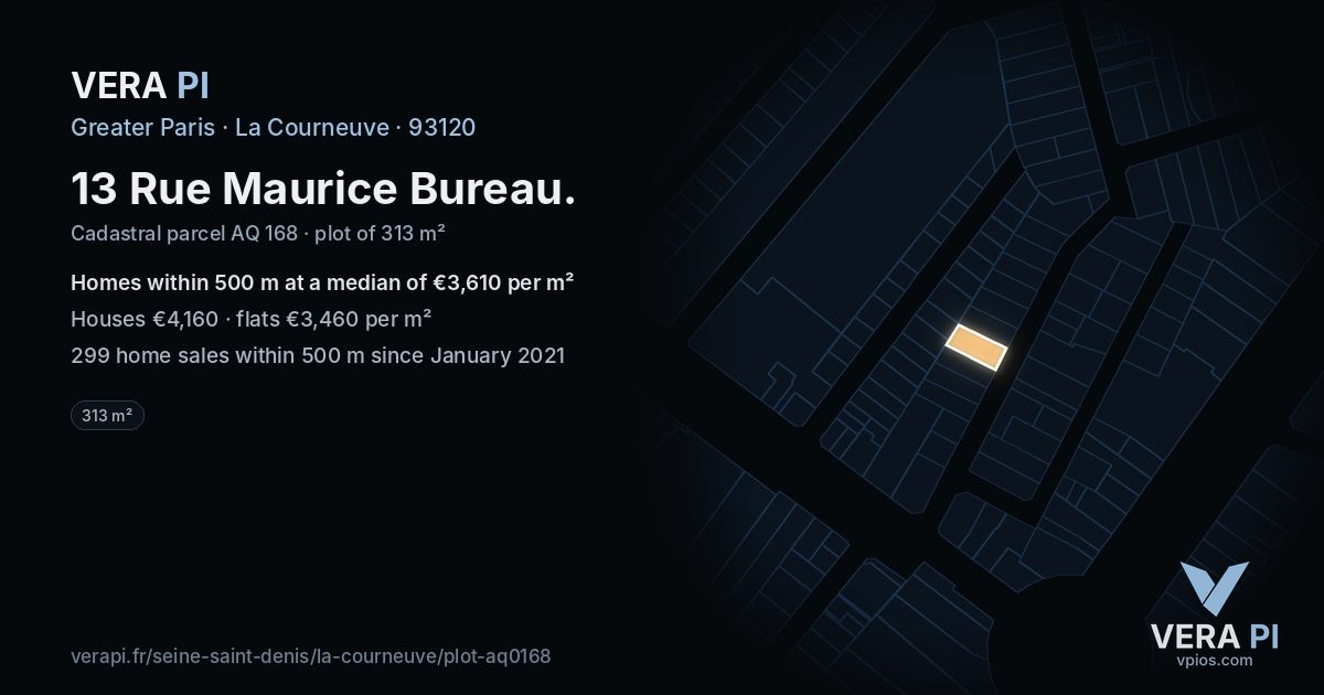 13 Rue Maurice Bureau, La Courneuve at night – the plot lit, the parcels around coloured by the prices near them