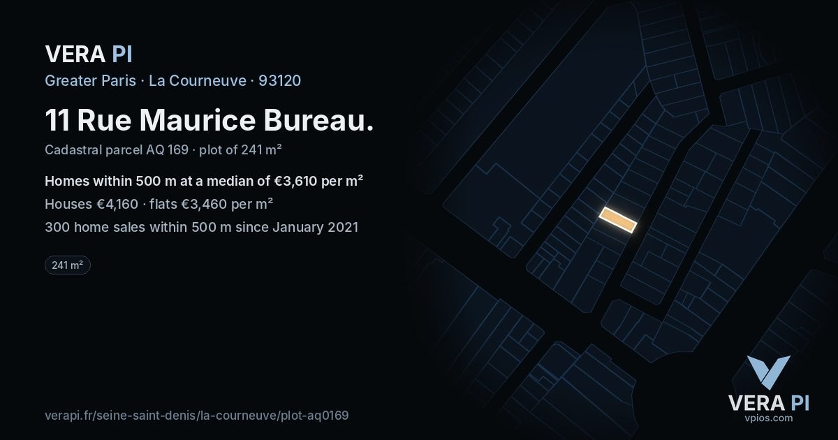 11 Rue Maurice Bureau, La Courneuve at night – the plot lit, the parcels around coloured by the prices near them