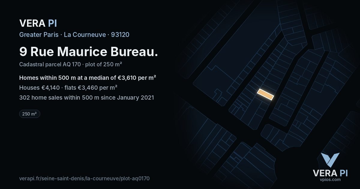 9 Rue Maurice Bureau, La Courneuve at night – the plot lit, the parcels around coloured by the prices near them
