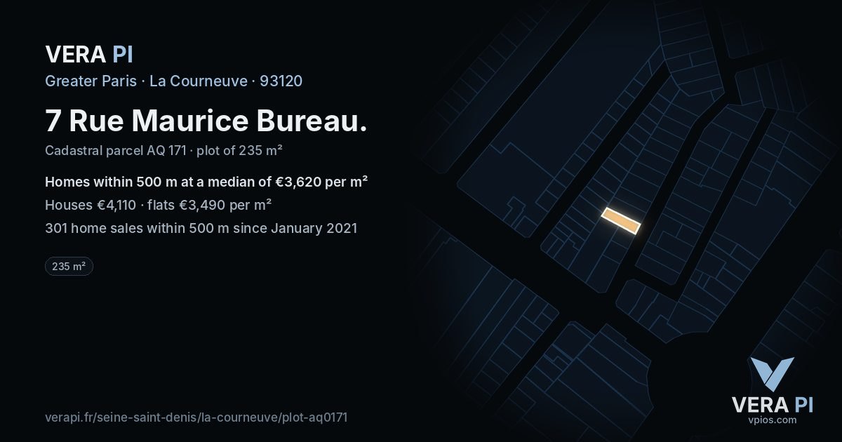 7 Rue Maurice Bureau, La Courneuve at night – the plot lit, the parcels around coloured by the prices near them