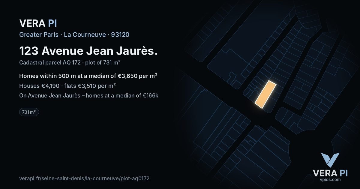 123 Avenue Jean Jaurès, La Courneuve at night – the plot lit, the parcels around coloured by the prices near them