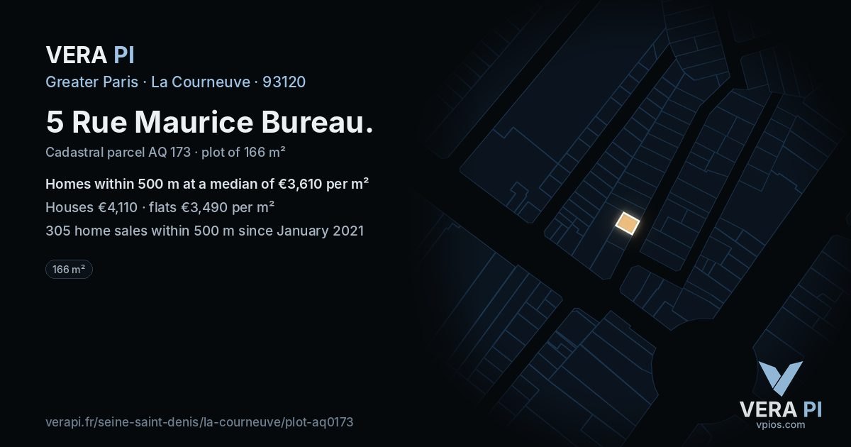 5 Rue Maurice Bureau, La Courneuve at night – the plot lit, the parcels around coloured by the prices near them