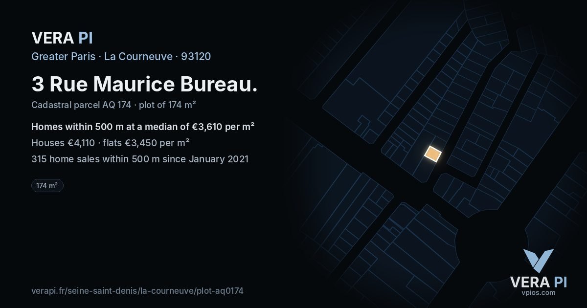 3 Rue Maurice Bureau, La Courneuve at night – the plot lit, the parcels around coloured by the prices near them