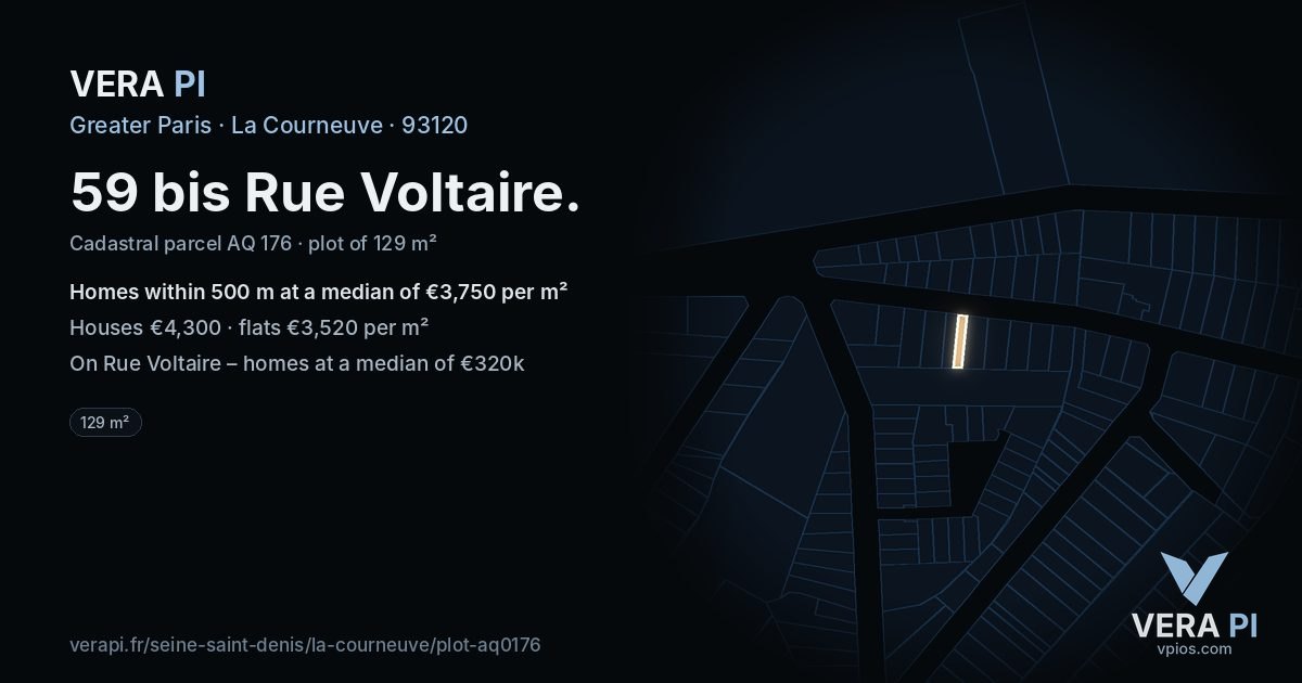 59 bis Rue Voltaire, La Courneuve at night – the plot lit, the parcels around coloured by the prices near them