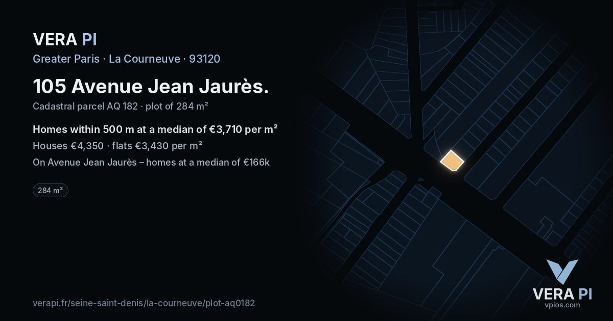 105 Avenue Jean Jaurès, La Courneuve at night – the plot lit, the parcels around coloured by the prices near them