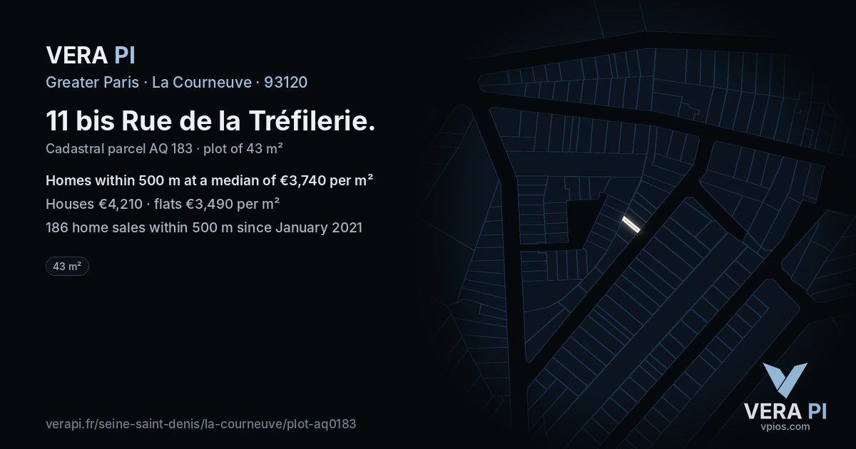 11 bis Rue de la Tréfilerie, La Courneuve at night – the plot lit, the parcels around coloured by the prices near them