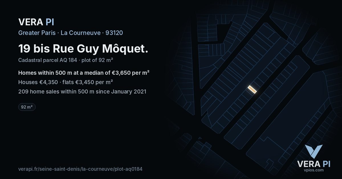 19 bis Rue Guy Môquet, La Courneuve at night – the plot lit, the parcels around coloured by the prices near them