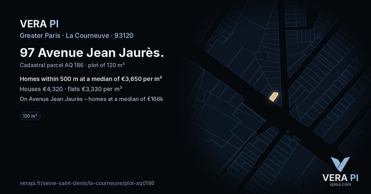 97 Avenue Jean Jaurès, La Courneuve at night – the plot lit, the parcels around coloured by the prices near them