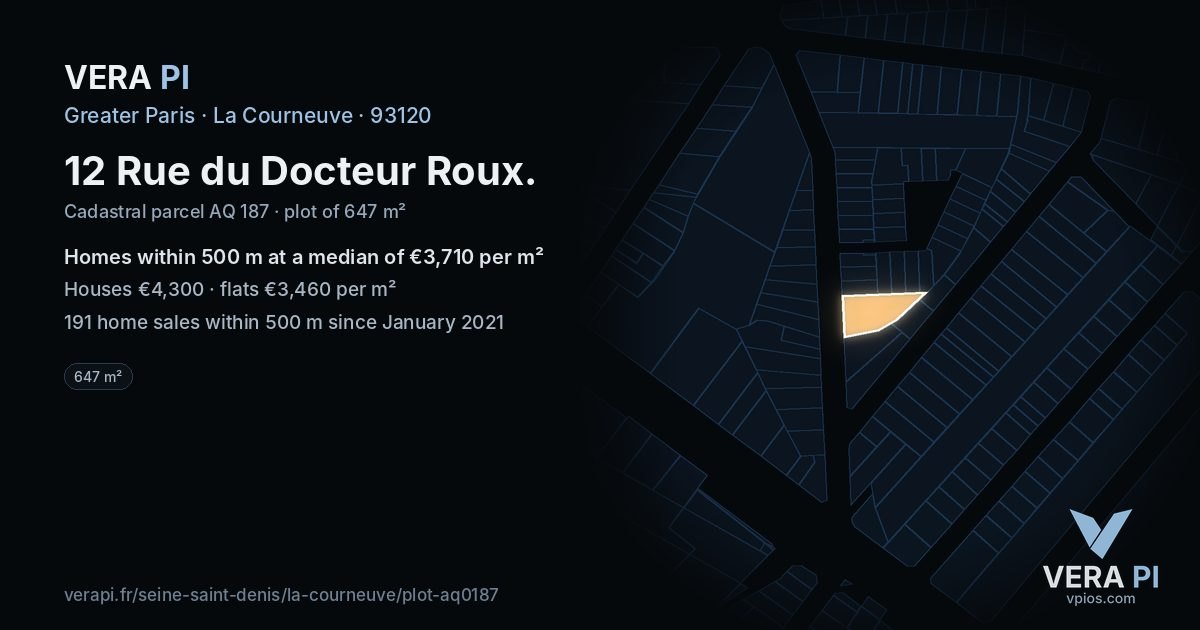 12 Rue du Docteur Roux, La Courneuve at night – the plot lit, the parcels around coloured by the prices near them