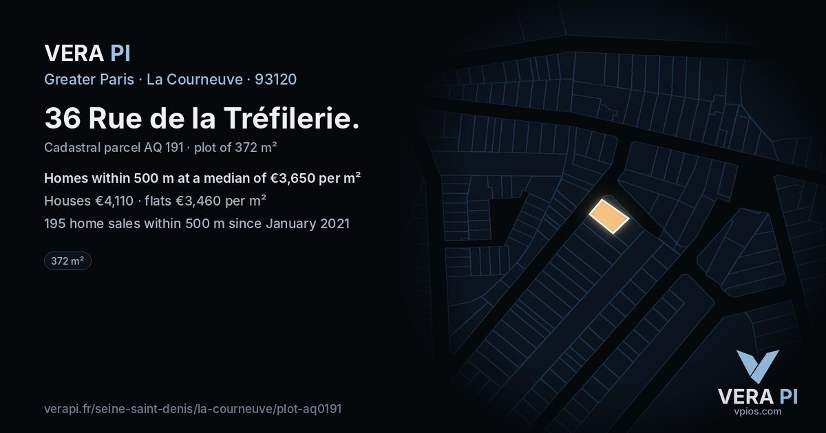 36 Rue de la Tréfilerie, La Courneuve at night – the plot lit, the parcels around coloured by the prices near them