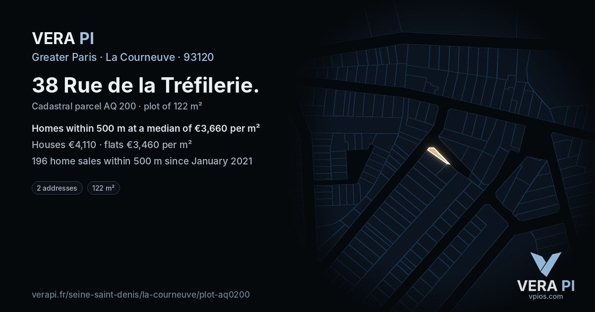 38 Rue de la Tréfilerie, La Courneuve at night – the plot lit, the parcels around coloured by the prices near them