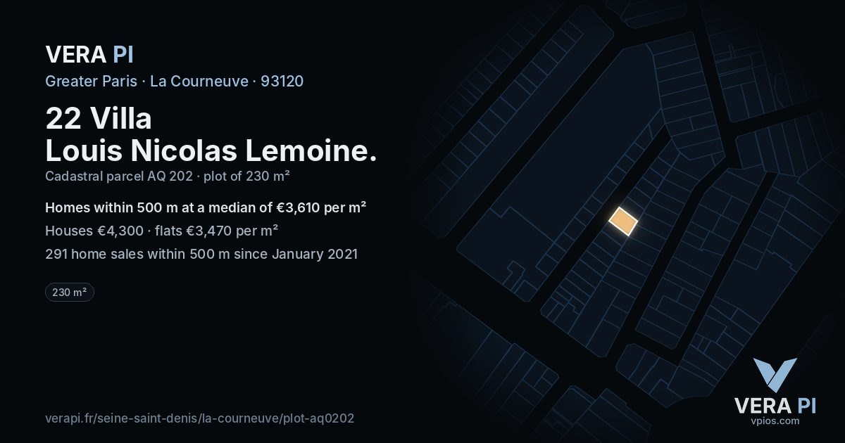 22 Villa Louis Nicolas Lemoine, La Courneuve at night – the plot lit, the parcels around coloured by the prices near them