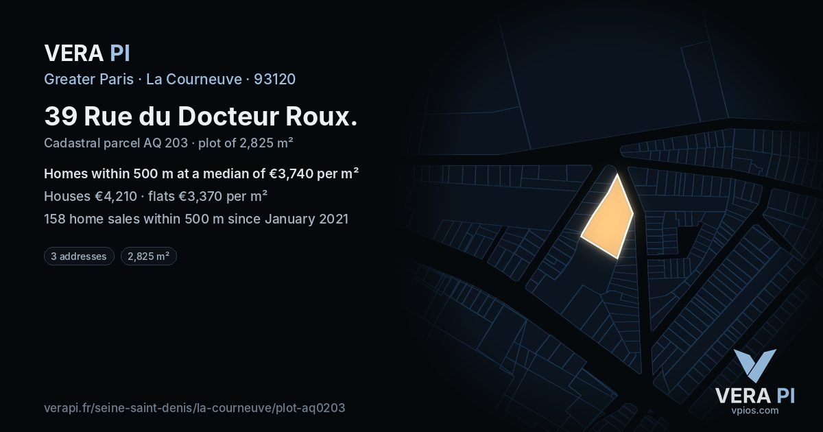 39 Rue du Docteur Roux, La Courneuve at night – the plot lit, the parcels around coloured by the prices near them