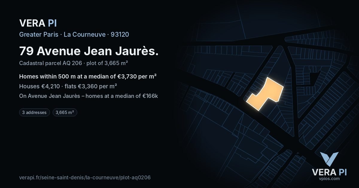 79 Avenue Jean Jaurès, La Courneuve at night – the plot lit, the parcels around coloured by the prices near them