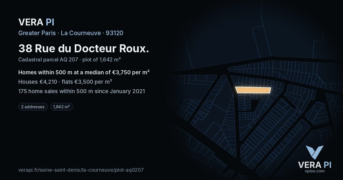 38 Rue du Docteur Roux, La Courneuve at night – the plot lit, the parcels around coloured by the prices near them