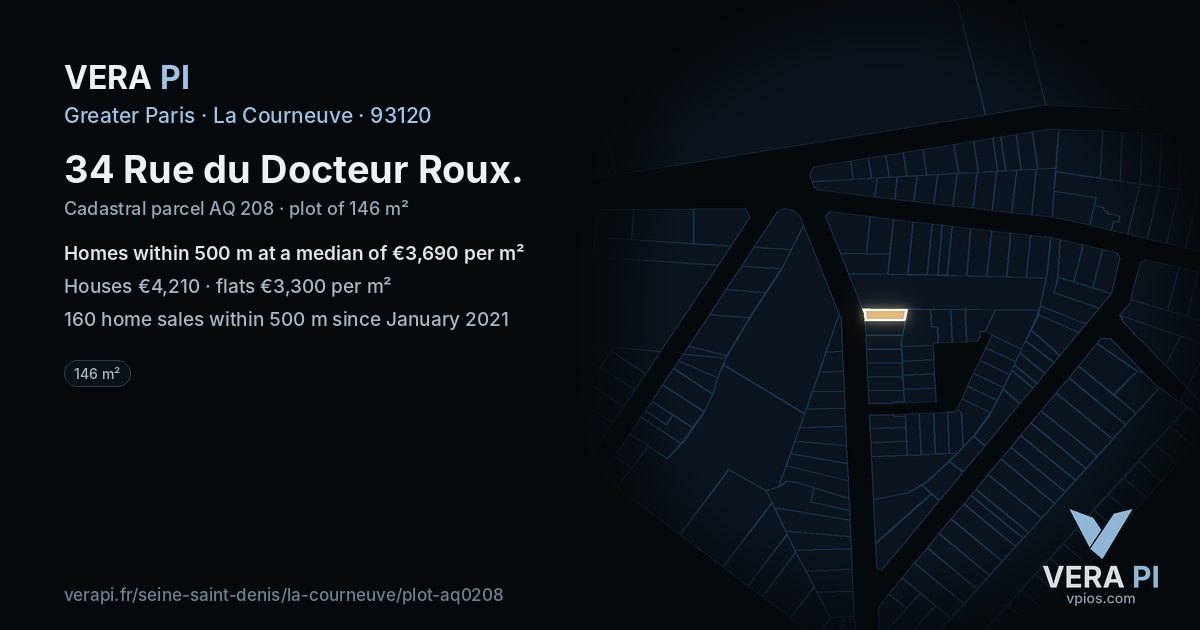 34 Rue du Docteur Roux, La Courneuve at night – the plot lit, the parcels around coloured by the prices near them