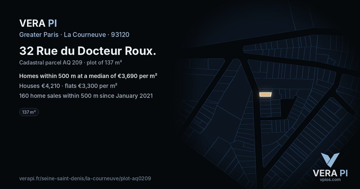32 Rue du Docteur Roux, La Courneuve at night – the plot lit, the parcels around coloured by the prices near them