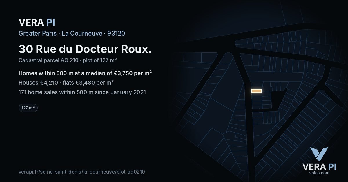 30 Rue du Docteur Roux, La Courneuve at night – the plot lit, the parcels around coloured by the prices near them
