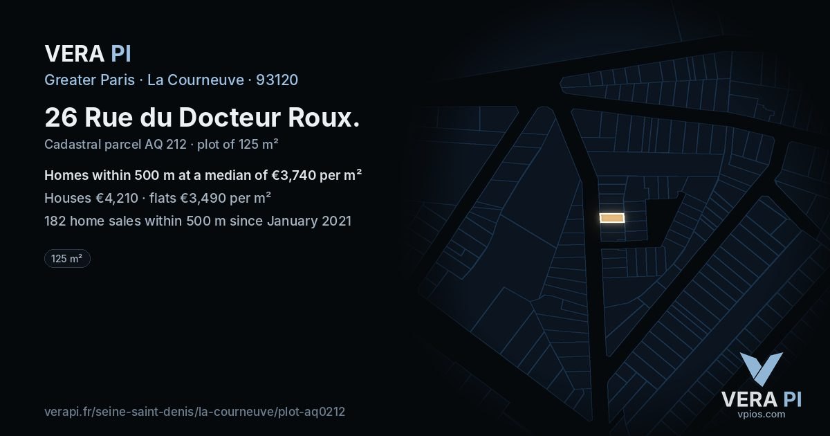 26 Rue du Docteur Roux, La Courneuve at night – the plot lit, the parcels around coloured by the prices near them