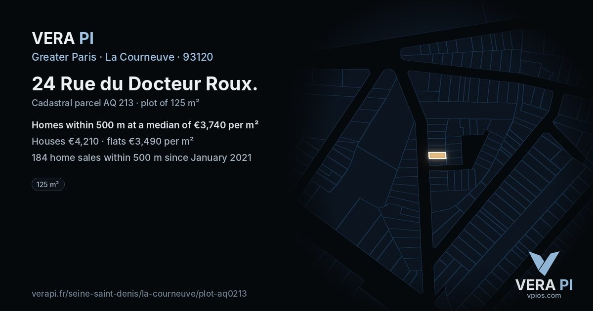 24 Rue du Docteur Roux, La Courneuve at night – the plot lit, the parcels around coloured by the prices near them