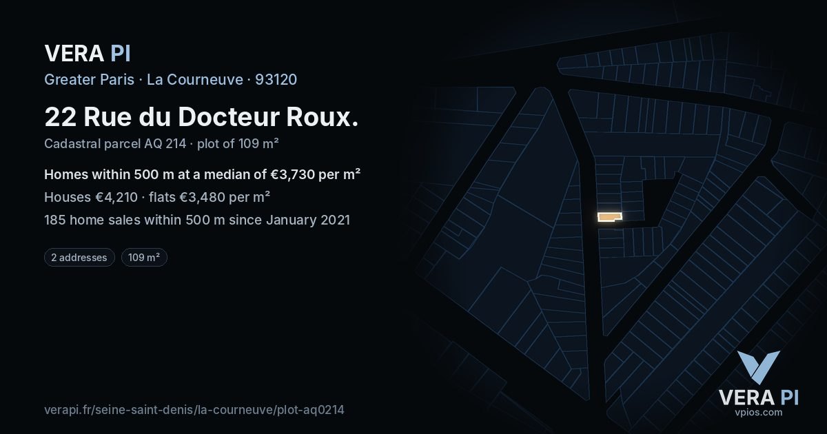 22 Rue du Docteur Roux, La Courneuve at night – the plot lit, the parcels around coloured by the prices near them