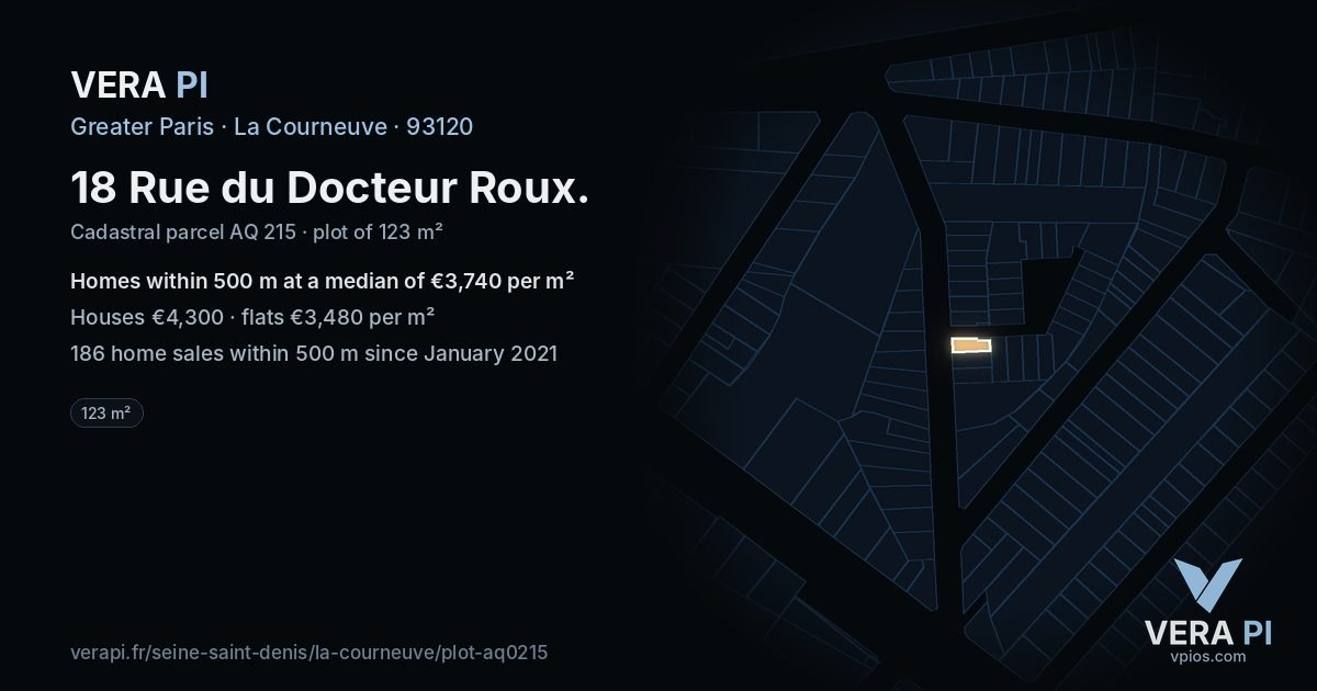 18 Rue du Docteur Roux, La Courneuve at night – the plot lit, the parcels around coloured by the prices near them
