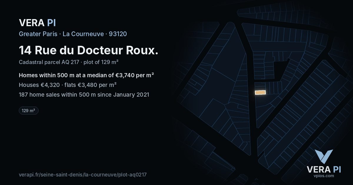 14 Rue du Docteur Roux, La Courneuve at night – the plot lit, the parcels around coloured by the prices near them