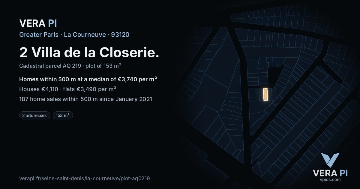 2 Villa de la Closerie, La Courneuve at night – the plot lit, the parcels around coloured by the prices near them