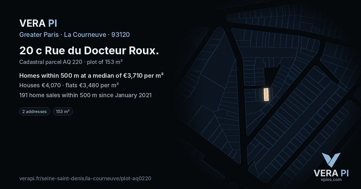 20 c Rue du Docteur Roux, La Courneuve at night – the plot lit, the parcels around coloured by the prices near them