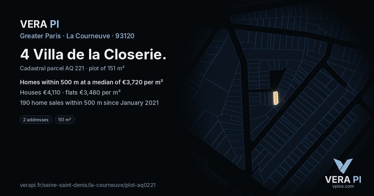 4 Villa de la Closerie, La Courneuve at night – the plot lit, the parcels around coloured by the prices near them