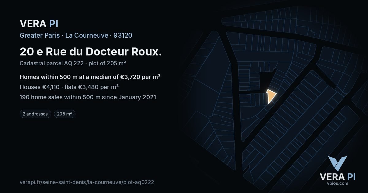 20 e Rue du Docteur Roux, La Courneuve at night – the plot lit, the parcels around coloured by the prices near them
