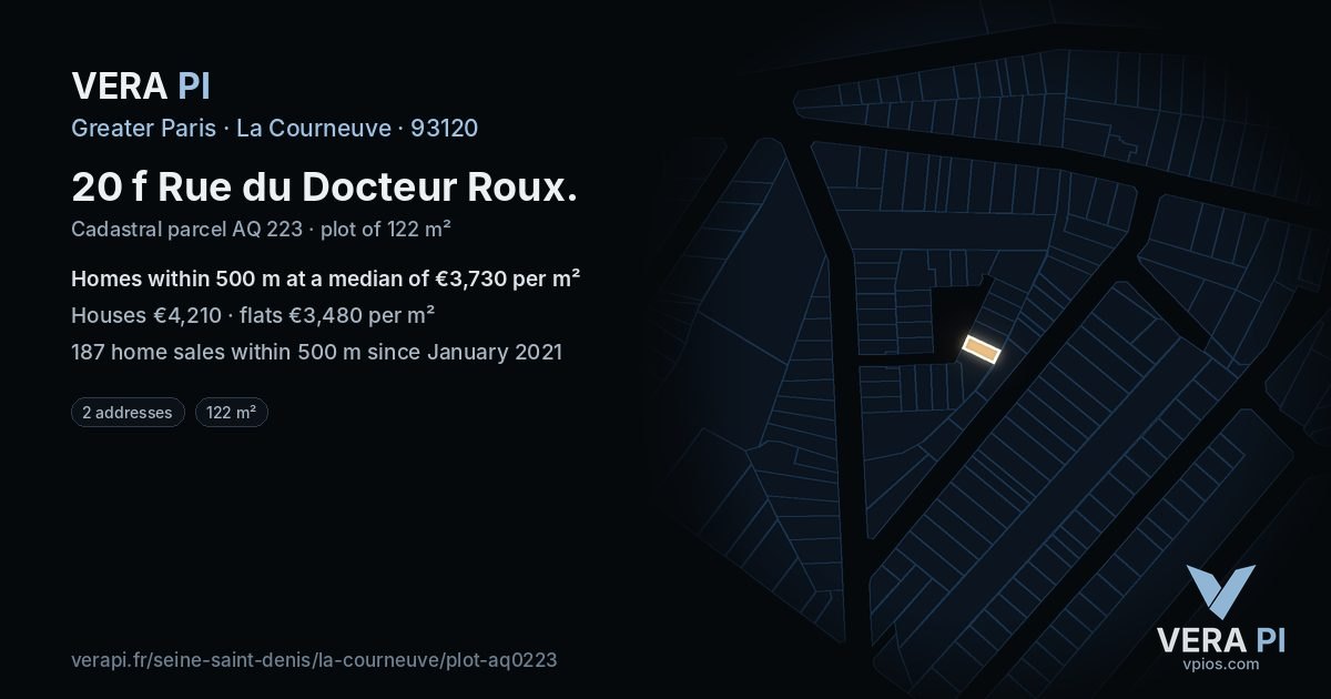 20 f Rue du Docteur Roux, La Courneuve at night – the plot lit, the parcels around coloured by the prices near them