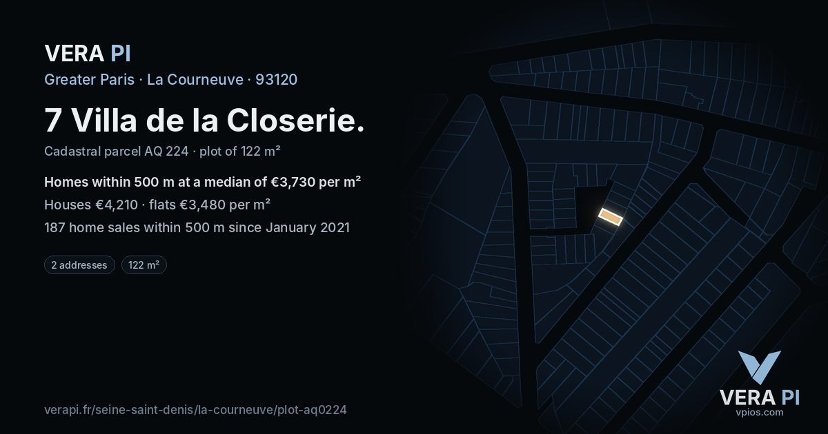 7 Villa de la Closerie, La Courneuve at night – the plot lit, the parcels around coloured by the prices near them
