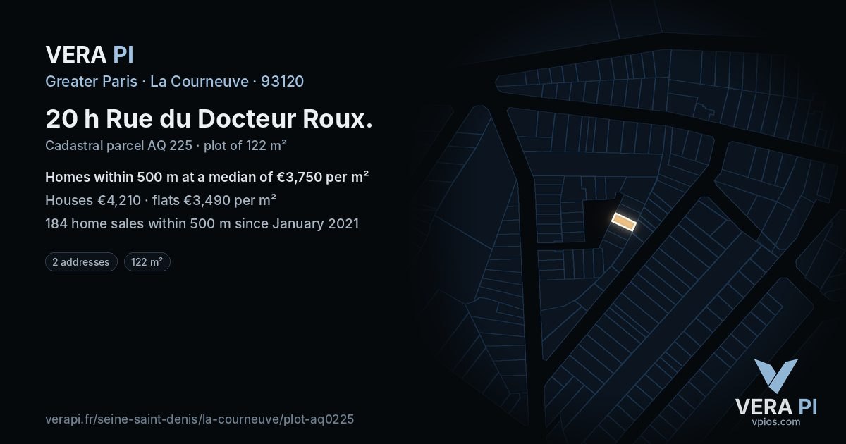 20 h Rue du Docteur Roux, La Courneuve at night – the plot lit, the parcels around coloured by the prices near them
