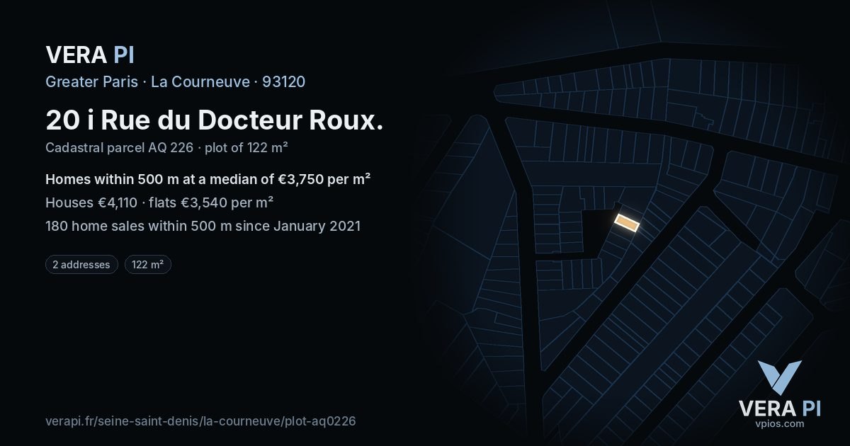20 i Rue du Docteur Roux, La Courneuve at night – the plot lit, the parcels around coloured by the prices near them