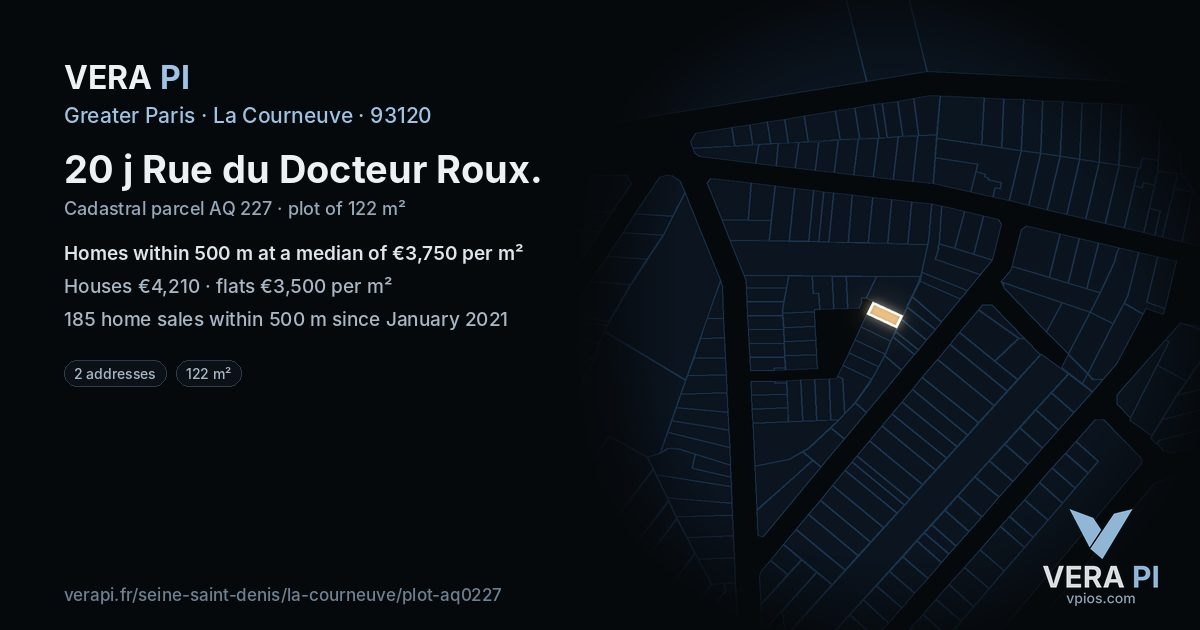 20 j Rue du Docteur Roux, La Courneuve at night – the plot lit, the parcels around coloured by the prices near them