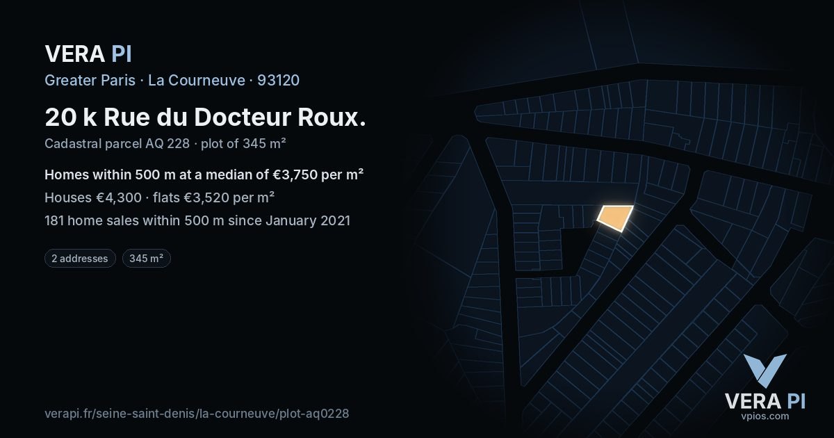 20 k Rue du Docteur Roux, La Courneuve at night – the plot lit, the parcels around coloured by the prices near them