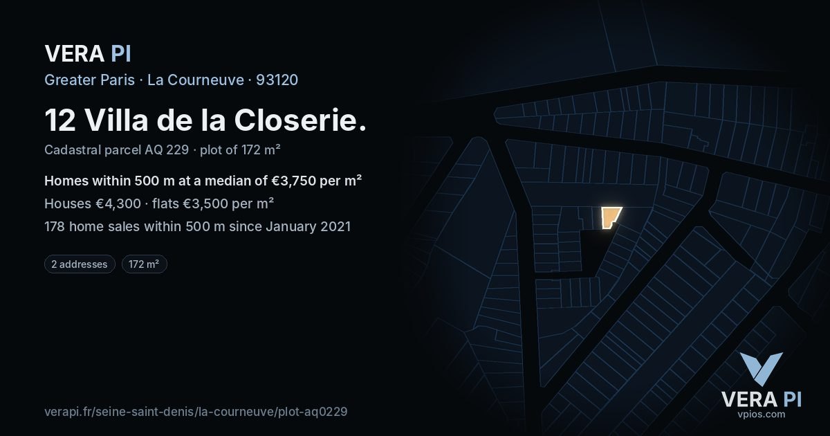 12 Villa de la Closerie, La Courneuve at night – the plot lit, the parcels around coloured by the prices near them