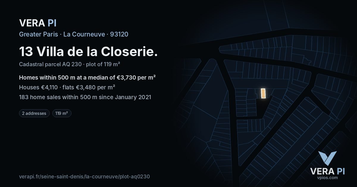 13 Villa de la Closerie, La Courneuve at night – the plot lit, the parcels around coloured by the prices near them