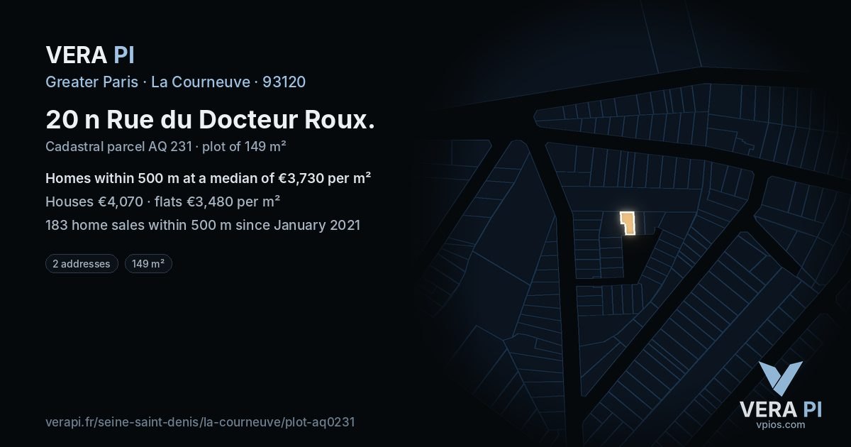 20 n Rue du Docteur Roux, La Courneuve at night – the plot lit, the parcels around coloured by the prices near them