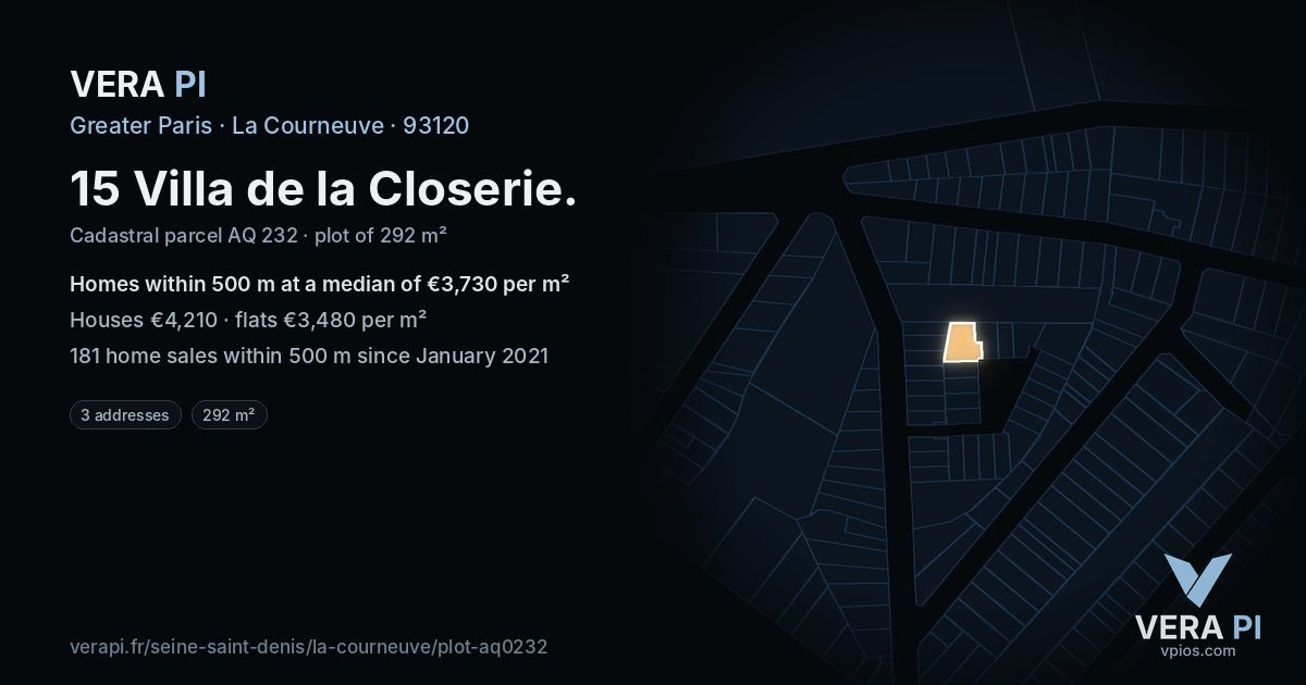 15 Villa de la Closerie, La Courneuve at night – the plot lit, the parcels around coloured by the prices near them