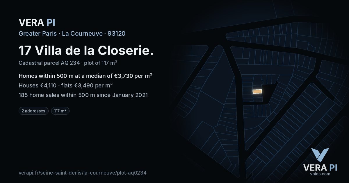 17 Villa de la Closerie, La Courneuve at night – the plot lit, the parcels around coloured by the prices near them