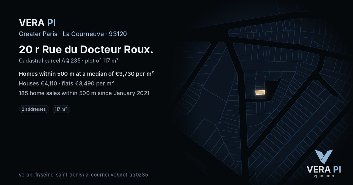 20 r Rue du Docteur Roux, La Courneuve at night – the plot lit, the parcels around coloured by the prices near them
