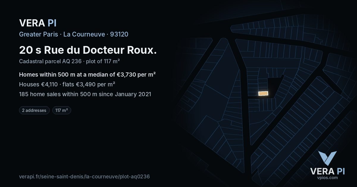 20 s Rue du Docteur Roux, La Courneuve at night – the plot lit, the parcels around coloured by the prices near them